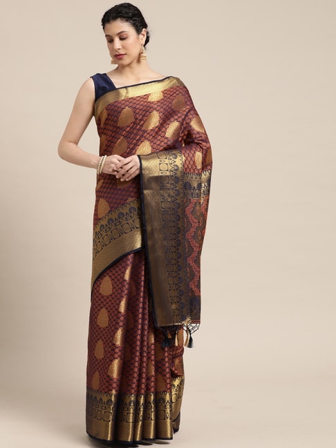 Mimosa Navy & Peach Silk Woven Saree With Unstitched Blouse Price in India