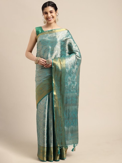 Mimosa Turquoise Silk Woven Saree With Unstitched Blouse Price in India