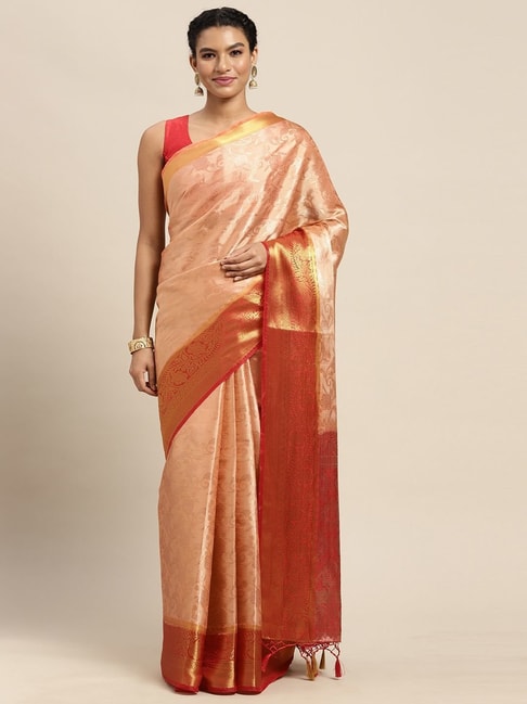 Mimosa Peach Silk Woven Saree With Unstitched Blouse Price in India
