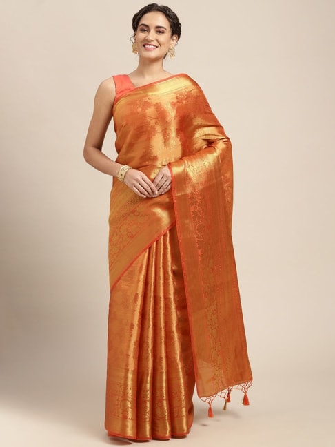 Mimosa Orange Silk Woven Saree With Unstitched Blouse Price in India