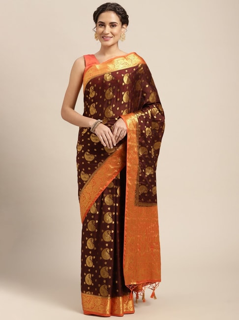 Mimosa Maroon Woven Saree With Unstitched Blouse Price in India