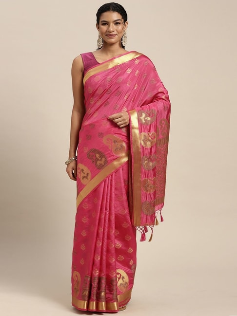 Mimosa Pink Silk Woven Saree With Unstitched Blouse Price in India