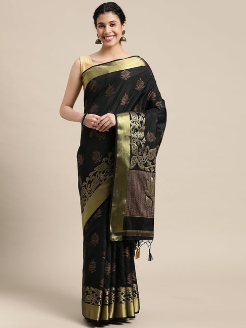Mimosa Black Silk Woven Saree With Unstitched Blouse Price in India