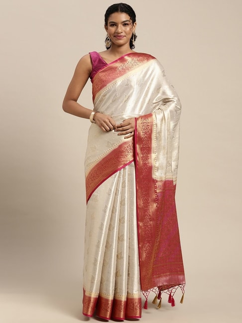 Mimosa White Silk Woven Saree With Unstitched Blouse Price in India