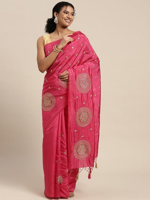 Mimosa Pink Silk Embroidered Saree With Unstitched Blouse Price in India