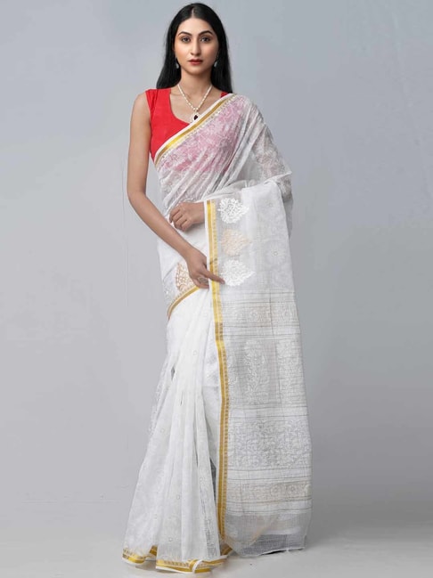 Unnati Silks White Cotton Woven Saree With Unstitched Blouse Price in India