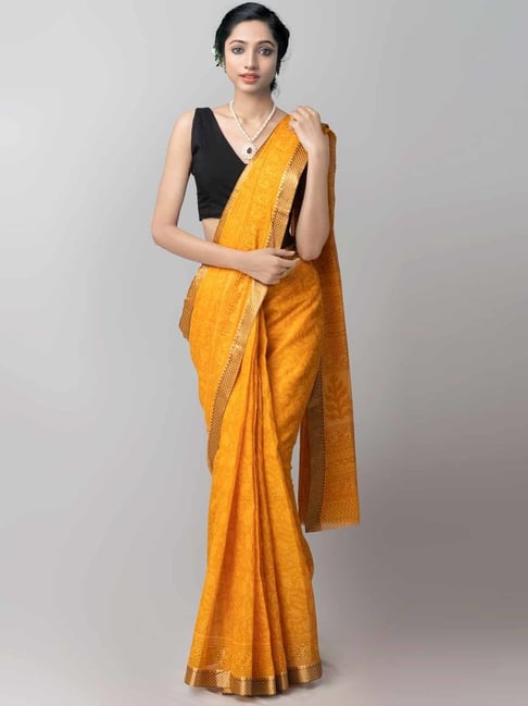 Unnati Silks Yellow Cotton Printed Saree With Unstitched Blouse Price in India
