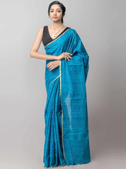 Unnati Silks Blue Cotton Printed Saree With Unstitched Blouse Price in India