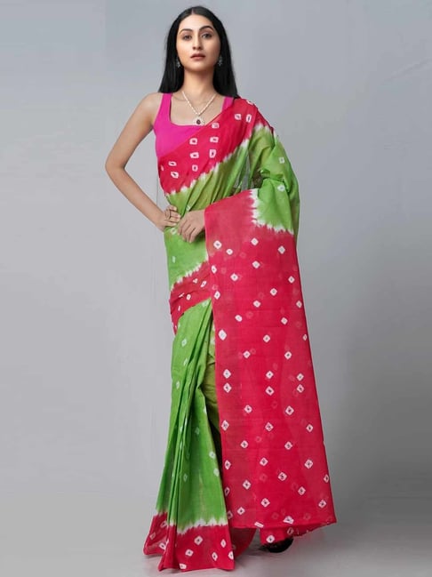 Unnati Silks Green & Pink Cotton Bandhani Print Saree With Unstitched Blouse Price in India
