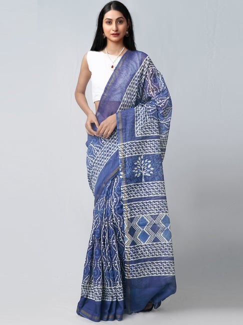 Unnati Silks Blue Silk Cotton Printed Saree With Unstitched Blouse Price in India