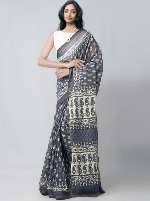 Unnati Silks Black Silk Cotton Printed Saree With Unstitched Blouse Price in India