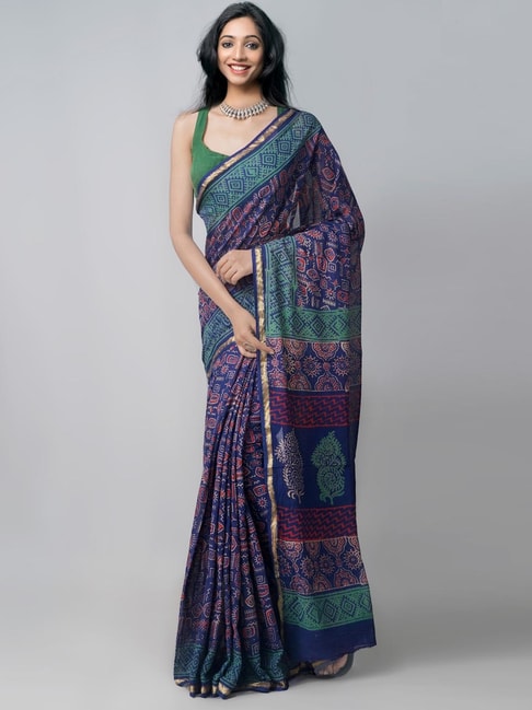 Unnati Silks Navy Cotton Printed Saree With Unstitched Blouse Price in India