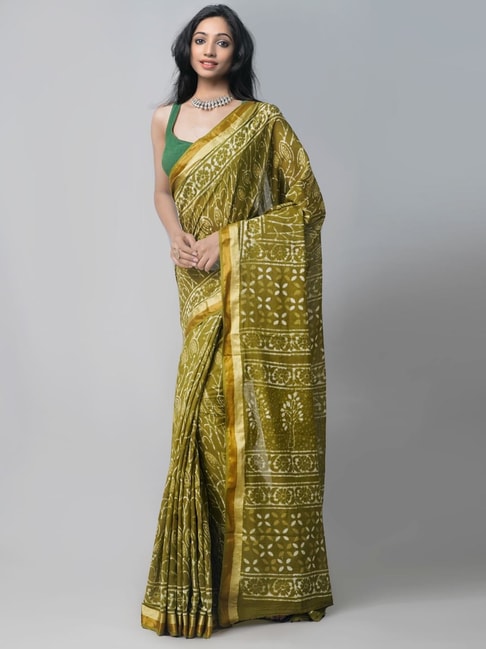 Unnati Silks Olive Green Cotton Printed Saree With Unstitched Blouse Price in India