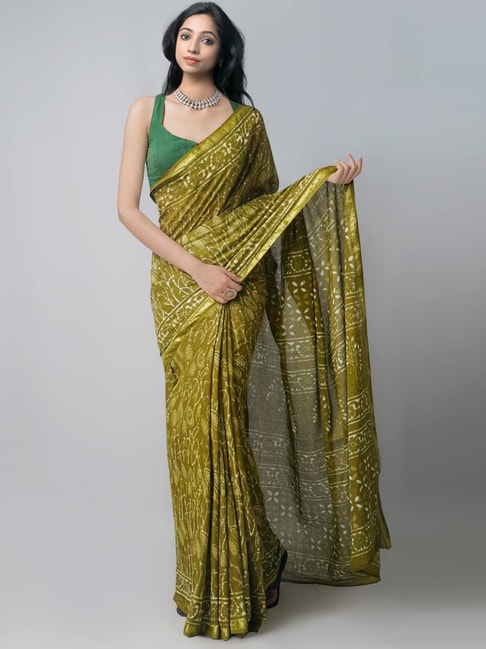 Unnati Silks Olive Green Cotton Printed Saree With Unstitched Blouse Price in India
