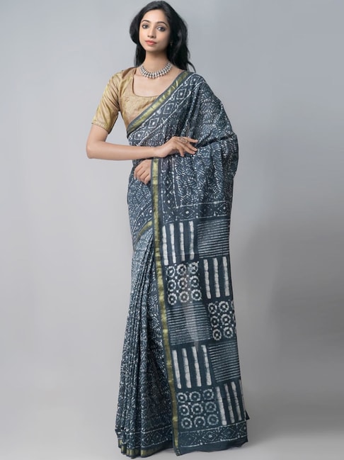 Unnati Silks Grey Cotton Printed Saree With Unstitched Blouse Price in India