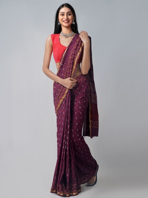 Unnati Silks Purple Cotton Printed Saree With Unstitched Blouse Price in India