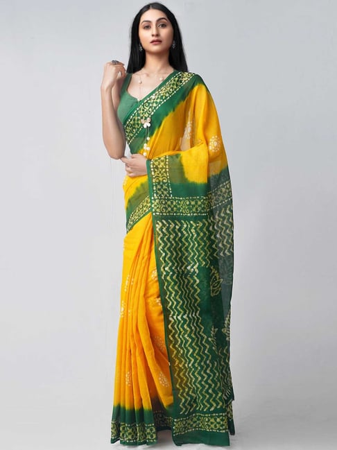 Unnati Silks Yellow & Green Cotton Printed Saree With Unstitched Blouse Price in India
