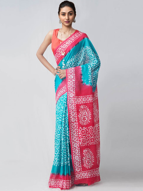 Unnati Silks Sky Blue & Pink Cotton Printed Saree With Unstitched Blouse Price in India