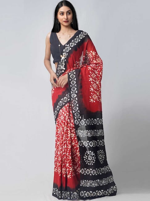 Unnati Silks Red & Black Cotton Printed Saree With Unstitched Blouse Price in India