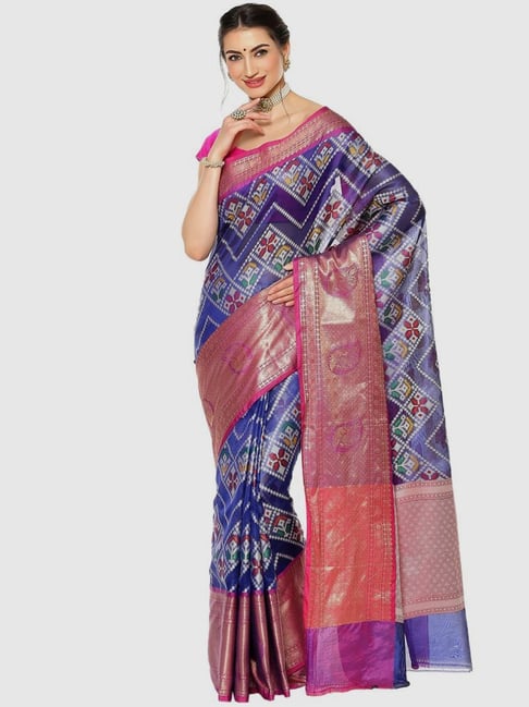 Banarasi Silk Works Blue & Red Woven Saree With Unstitched Blouse Price in India