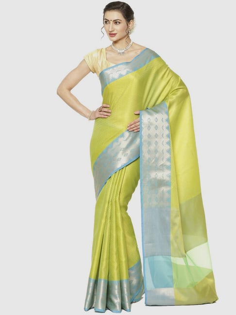Banarasi Silk Works Green & Blue Woven Saree With Unstitched Blouse-picture-13
