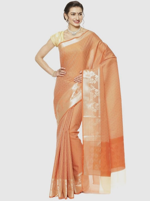 Banarasi Silk Works Orange Woven Saree With Unstitched Blouse Price in India