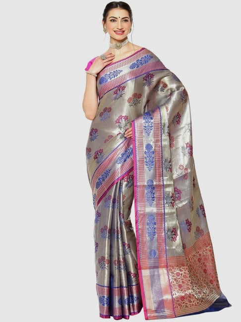 Banarasi Silk Works Silver & Pink Woven Saree With Unstitched Blouse Price in India