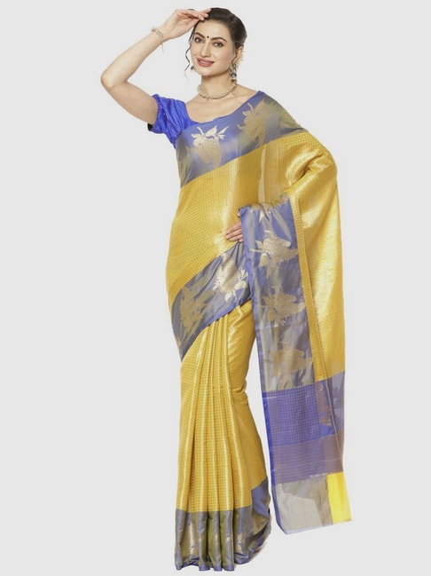 Banarasi Silk Works Yellow & Blue Woven Saree With Unstitched Blouse Price in India