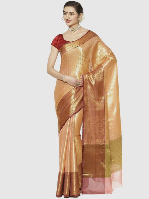 Banarasi Silk Works Peach & Brown Woven Saree With Unstitched Blouse-picture-21