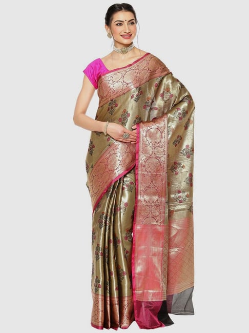 Banarasi Silk Works Olive Green & Pink Woven Saree With Unstitched Blouse Price in India