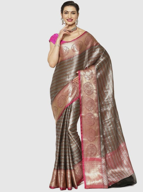 Banarasi Silk Works Black & Pink Woven Saree With Unstitched Blouse Price in India