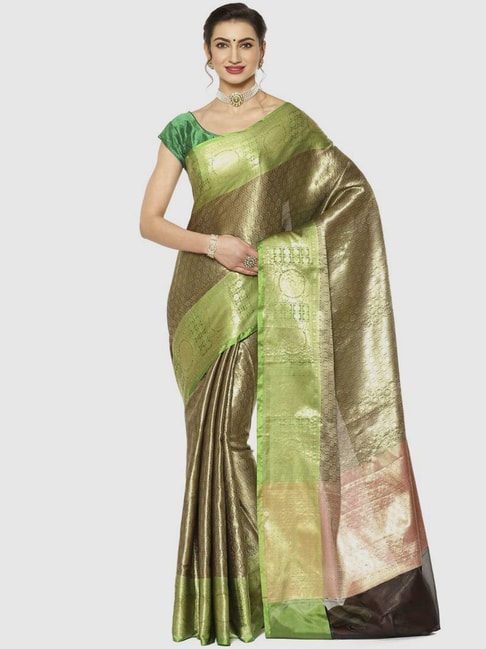 Banarasi Silk Works Black & Green Woven Saree With Unstitched Blouse Price in India