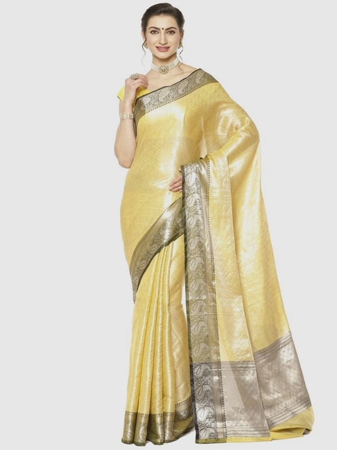 Banarasi Silk Works Yellow Woven Saree With Unstitched Blouse Price in India