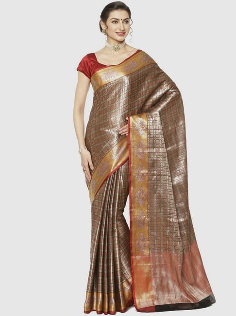 Banarasi Silk Works Brown Woven Saree With Unstitched Blouse Price in India