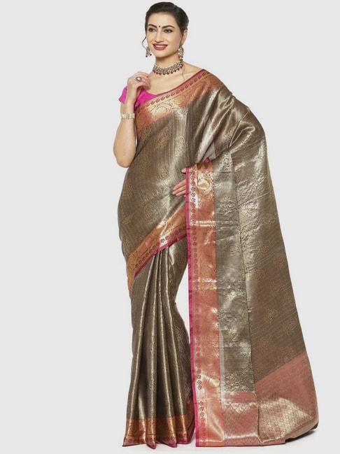 Banarasi Silk Works Black & Pink Woven Saree With Unstitched Blouse Price in India