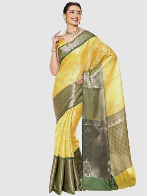 Banarasi Silk Works Yellow & Green Woven Saree With Unstitched Blouse Price in India