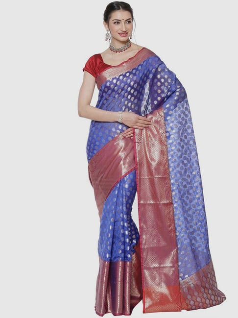 Banarasi Silk Works Blue & Purple Woven Saree With Unstitched Blouse Price in India