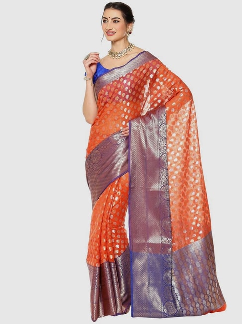 Banarasi Silk Works Orange & Blue Woven Saree With Unstitched Blouse Price in India