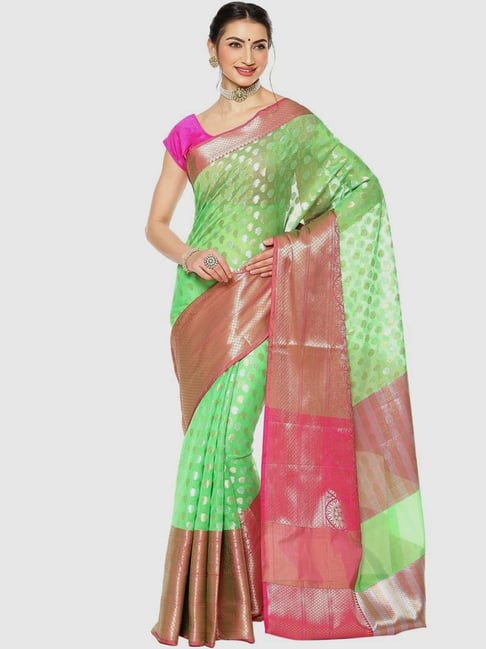 Banarasi Silk Works Green & Pink Woven Saree With Unstitched Blouse Price in India