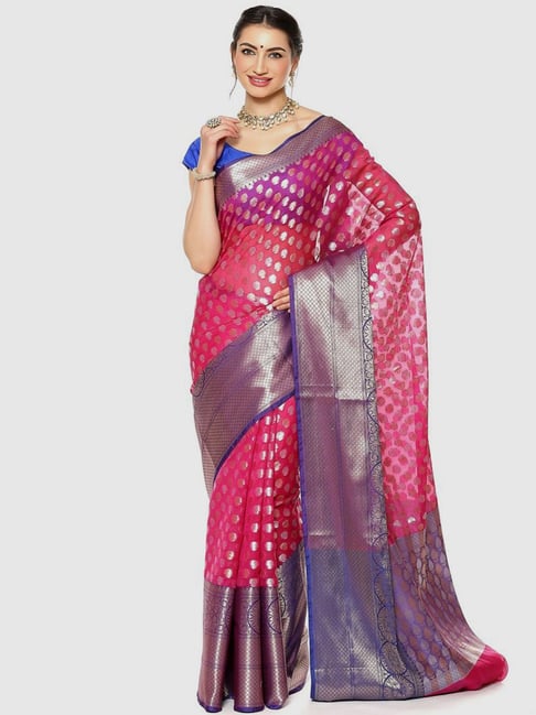 Banarasi Silk Works Pink & Blue Woven Saree With Unstitched Blouse Price in India
