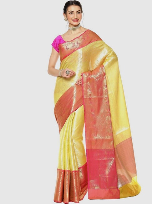 Banarasi Silk Works Yellow & Pink Woven Saree With Unstitched Blouse Price in India