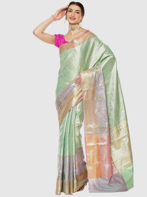 Banarasi Silk Works Green Woven Saree With Unstitched Blouse Price in India