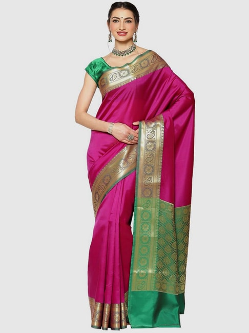 Banarasi Silk Works Purple & Green Woven Saree With Unstitched Blouse Price in India