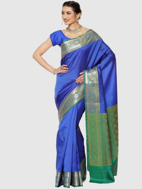 Banarasi Silk Works Blue & Green Woven Saree With Unstitched Blouse Price in India