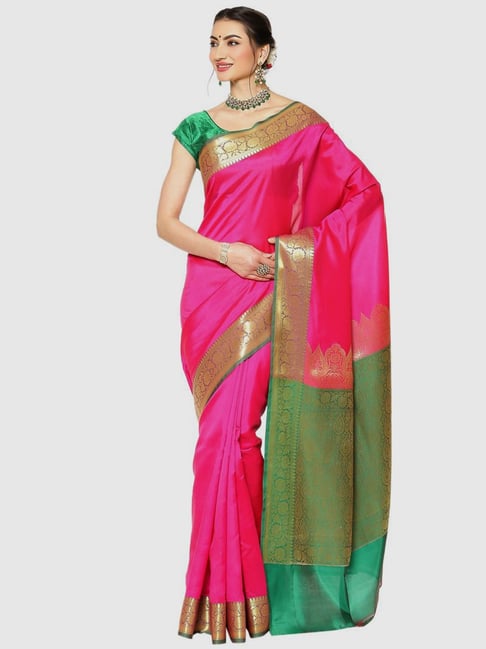 Banarasi Silk Works Pink & Green Woven Saree With Unstitched Blouse Price in India