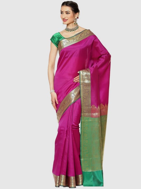 Banarasi Silk Works Purple & Green Woven Saree With Unstitched Blouse Price in India
