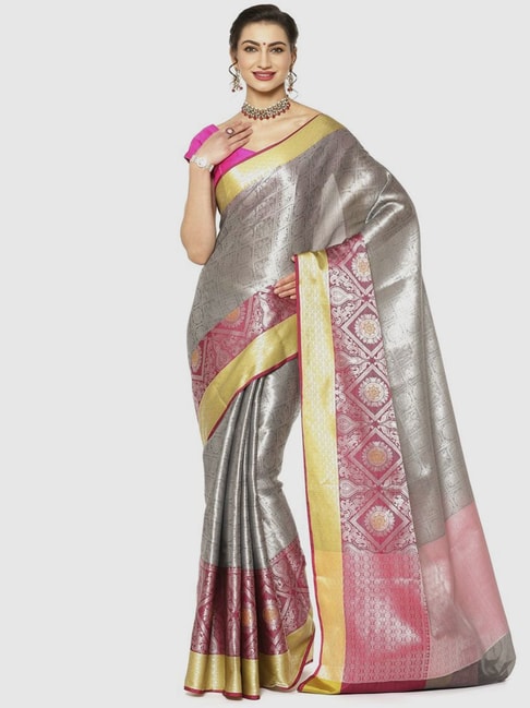 Banarasi Silk Works Grey & Pink Woven Saree With Unstitched Blouse Price in India
