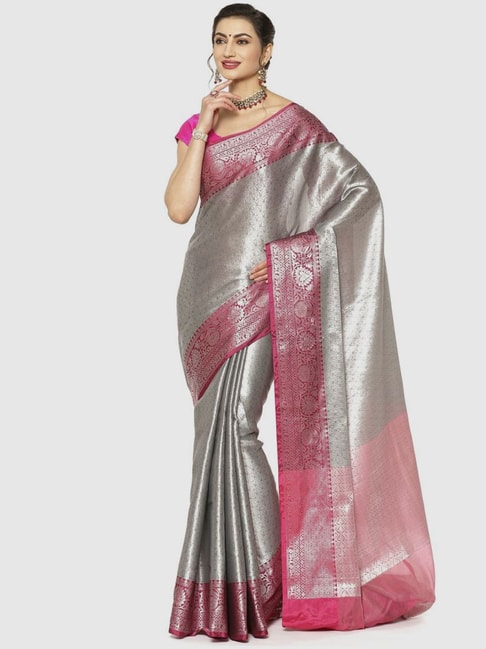 Banarasi Silk Works Grey & Pink Woven Saree With Unstitched Blouse Price in India
