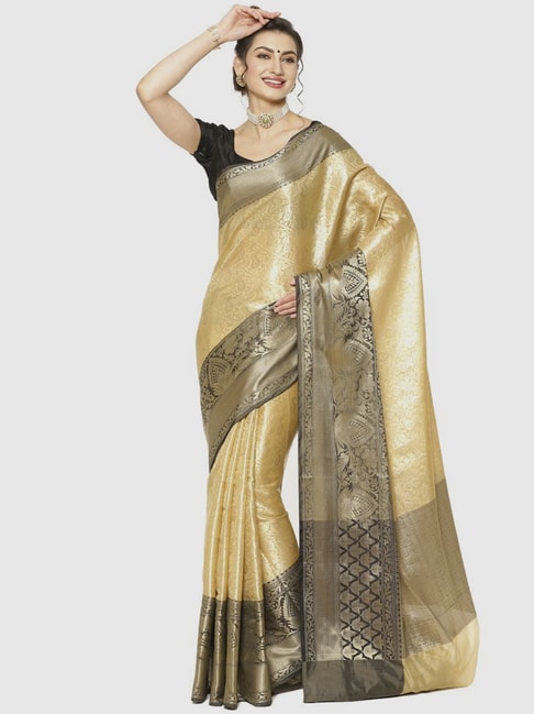 Banarasi Silk Works Beige Woven Saree With Unstitched Blouse Price in India