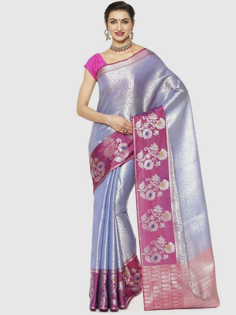 Banarasi Silk Works Blue & Pink Woven Saree With Unstitched Blouse Price in India